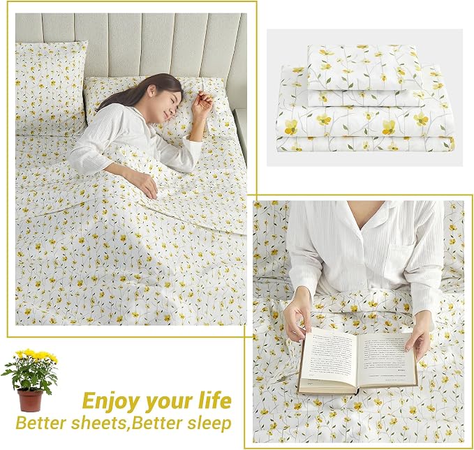 Softan King Sheet Set Yellow Floral Bed Sheets Printed Sheets - 4 Piece Soft Microfiber Patterned Fitted Sheets King with 15" Deep Pocket and Corner Straps, Cute Yellow Flower Sheets & Pillowcase Set