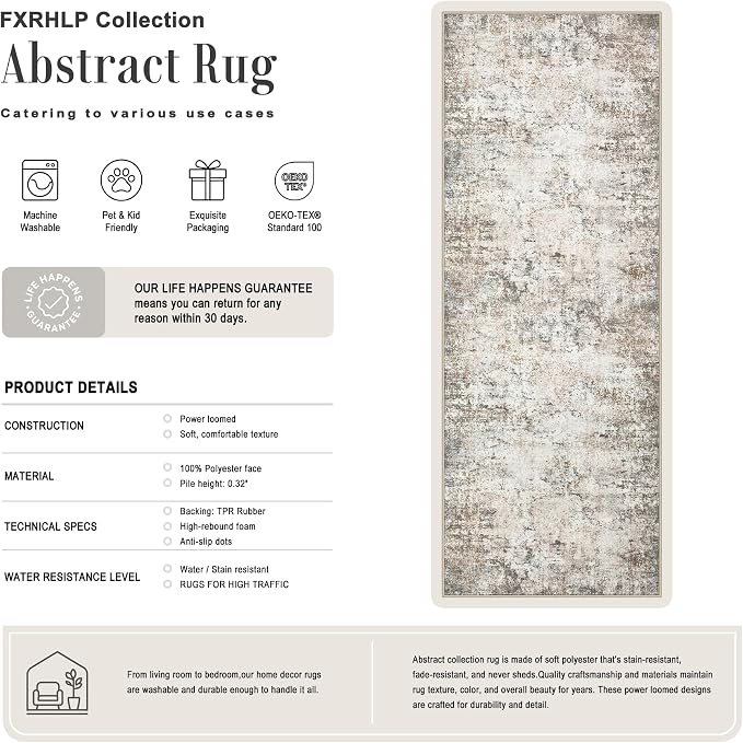 2.6x10 Washable Runner Rug:Modern Abstract Indoor Soft Carpet Brown | For Hallway, Bedroom, Kitchen, Laundry, Bathroom,Door Mat,Modern Abstract,Machine washable,Non-Slip,Stain Resistant,Indoor
