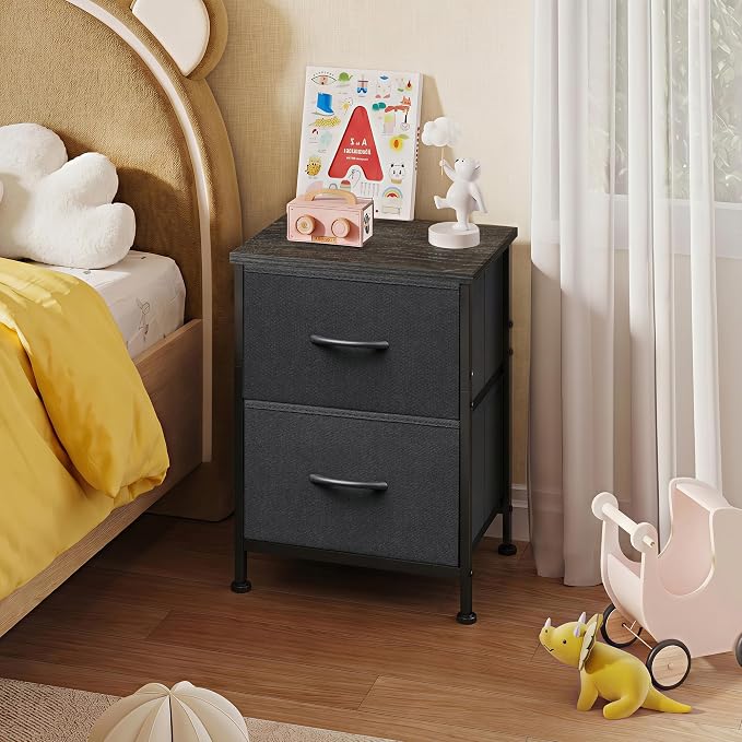 WLIVE Black Night Stand, Small Dresser with 2 Drawers & Wooden Top, Nightstand with Fabric Bins, Bedside Table End Table for Bedroom, Closet, Entryway, College Dorm, Charcoal Black | Versatile Small Side Table, Sturdy Metal Frame & Adjustable Feet, 15-...
