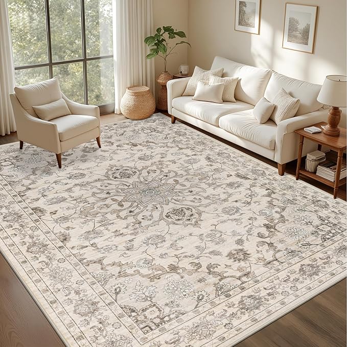 4x6 Area Rugs Living Room: Washable Rug for Bedroom Brown Beige | Boho No Slip Stain Resistant Rug Soft Indoor Decor Floor Floral 4x6 Area Rugs for Dining Room, Nursery, Hallway, Home Office