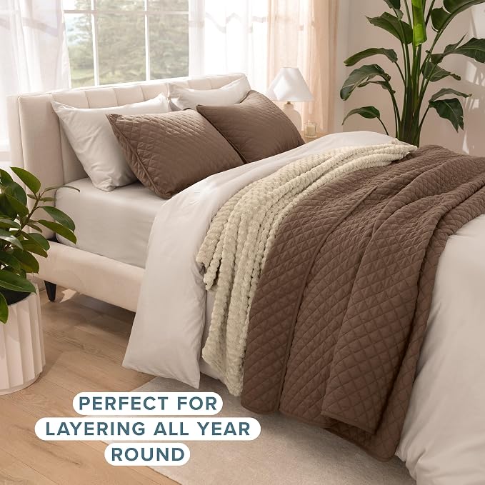 Bare Home Coverlet Set - King Size - Lightweight Bed Decor - Comforter Alternative - All-Season Quilted Bedspread (King, Cocoa)