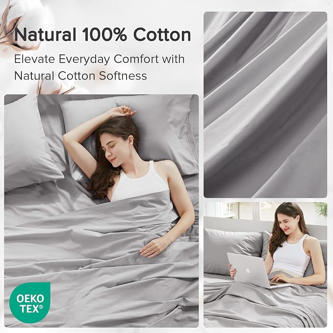 Comfort Spaces 100% Cotton Percale Sheets Queen Sheet Set 4 Piece, Grey | Crisp, Cool & Breathable Bed Sheets, 14" Deep Pocket Fits Up to 16" Mattress, Lightweight, All Season Cozy, with Pillow Case