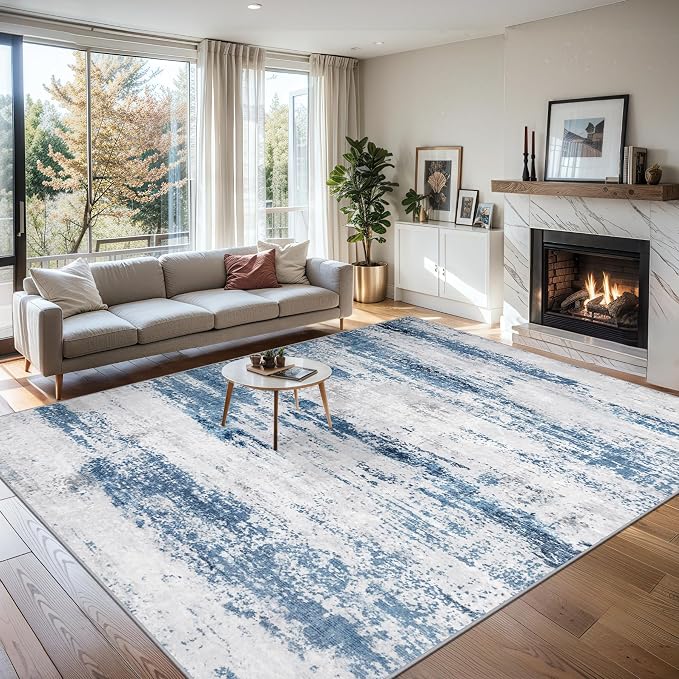 PLHXFR 8x10 Area Rug Living Room: Abstract Washable Carpet White Blue | For Bedroom Dining Room Farmhouse Nursery Home,Machine washable,Non Slip,Large Soft Neutral,Stain Resistant, Indoor Floor