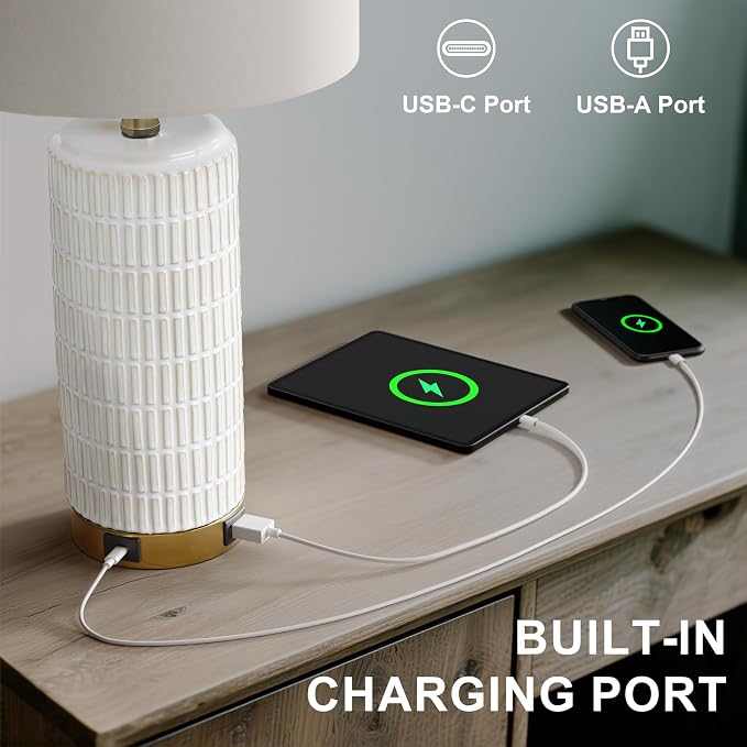 PoKat Touch Bedside Table Lamps with 2 USB for Bedroom Living Room, 25'' | Nightstand lamps Set of 2, 3 way dimmable with 2 bulbs, durable white ceramic, farmhouse & modern style for side table