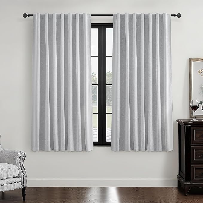 Light Grey 100% Blackout Curtains 54 Inches Long 2 Panels Set, Short Linen Heat Blocking Drapes 54 Inch Small Window Decor for Kitchen Bedroom Bathroom Thermal Insulated Textured Hook Belt(W50"xL54")