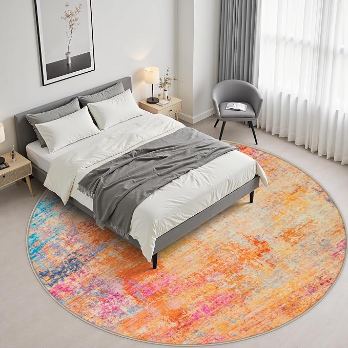 Round Area Rug Living Room: 6 ft Modern Washable Indoor Carpet | For Bedroom Dining Room Farmhouse Nursery Hallway Office,Modern Abstract,Machine washable,Non-Slip,Stain Resistant,Indoor