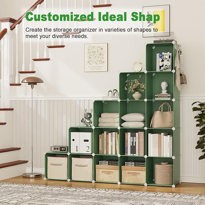 C&AHOME 16 Cube Storage Organizer Cube Shelf Units Storage Cubes, Green | Plastic DIY Closet Organizer, Stackble Modular Closet Storage Shelves Ideal for Home, Bedroom, 48.4" L × 12.4" W × 48.4" H