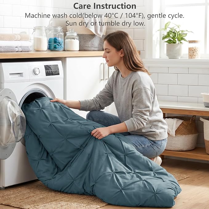 Twin XL Comforter Set Mineral Blue, 5 Pieces Pintuck Bed in a Bag | College Dorm Essentials, OEKO-TEX 100 Certified, 240GSM All Season, Down-Alternative Comforter, Sheets, Pillowcase & Sham