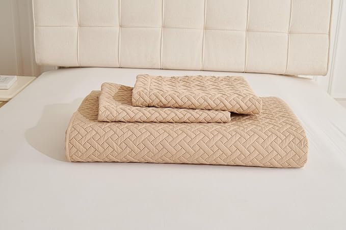 Legacy Decor Bedspread Coverlet 3 Pcs Set Oversized 100" W x 106" L Queen Size Beige Color