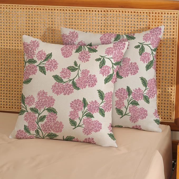 Preppy Pink Spring Pillow Covers 20x20 Inch 2 Pcs Green Hydrangea Flower Decor Throw Pillows Vintage Floral Seasonal Summer Outdoor Decoration Pillowcase Linen Cushion Cover for Couch Sofa