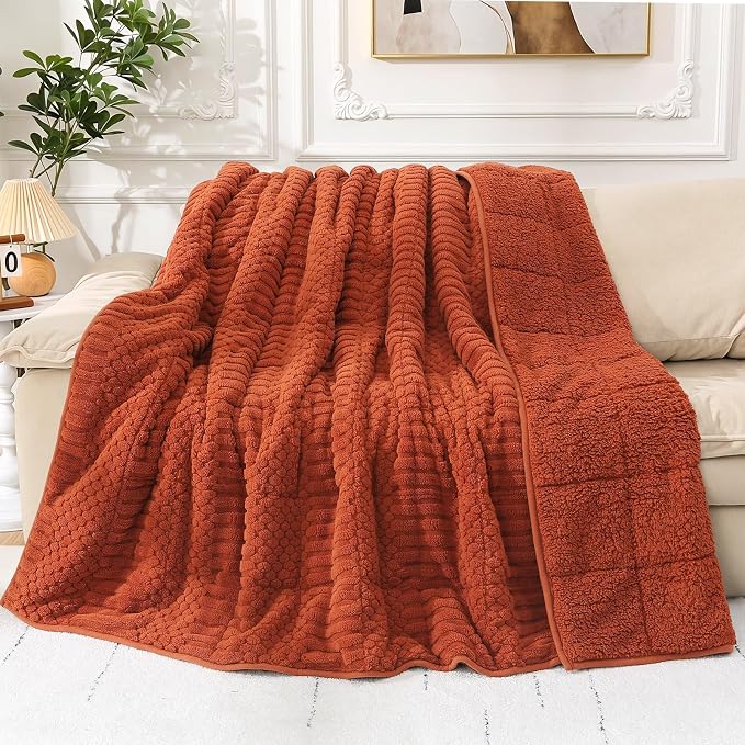 Cottonblue Sherpa Fleece Weighted Blanket 15 lbs for Adults Queen Size Soft | Fuzzy Jacquard Heavy Blankets Throw 60"x80" for Sleep Calm Relax, Cozy Warm Knitted Heavy Blanket for Bed Sofa,Burnt Orange