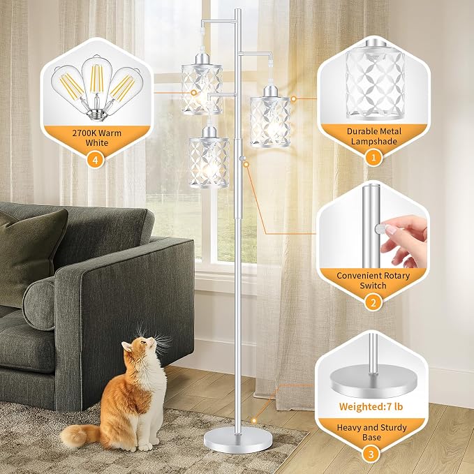 72" Modern Tree Floor Lamp, Dimmable Minimalist Tall Standing Lamp with Metal Cages & Rotary Dimmer Knob, Corner Decor Lighting for Living Room Bedroom Cafe, 3 x 800LM Bulbs Included-Silver