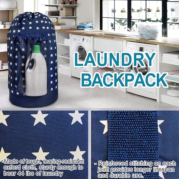 Backpack Laundry Bag, Laundry Backpack with Shoulder Straps and Mesh Pocket Durable Nylon Clothes Hamper Bag with Drawstring Closure for College, Travel, Laundromat, Apartment