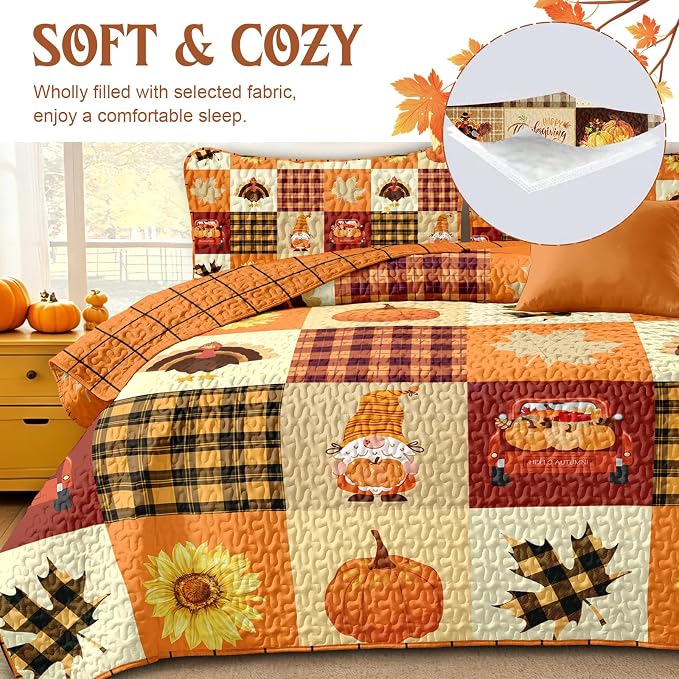 Fall Patchwork Quilt Set King Size 3 Piece Thanksgiving Bedding Set Orange | Sunflower Maple Leaves Pumpkin Pattern Bedspread Coverlet, Soft Microfiber Cozy Farmhouse Autumn Bedding Decor (110"x90")