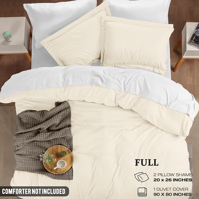 Duvet Cover Full, 3 Piece Cotton Like Polyester With Zipper Closure, Ivory | Extra Soft and Breathable, Wrinkle & Fade Resistant, Includes Duvet Cover and 2 Pillow Shams, Comforter Not Included, OekoTex