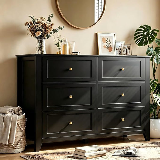 Garvee Black 6-Drawer Dresser for Bedroom, 54" Long Chest of Drawers | Modern Lacquered Storage Drawers Organizer, 15.8"D x 54"W x 31.5"H, Storage Dresser with Deep Drawers for Hallway Entryway