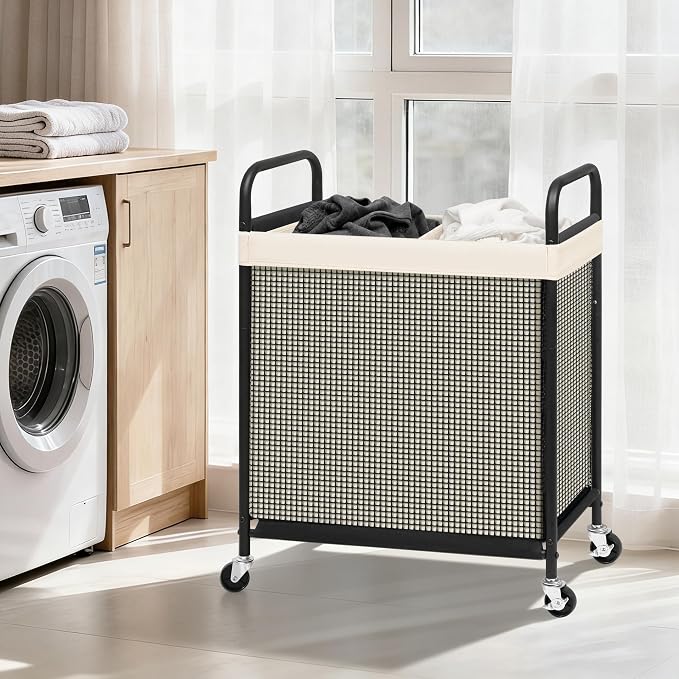 STORAGE MANIAC Rolling Laundry Hamper with Wheels 2-Section Laundry Sorter Rolling Laundrys Basket on Wheels with Removable Bag Clothes Hamper Laundrys Organizer Cart Bathroom Bedroom 100L Beige
