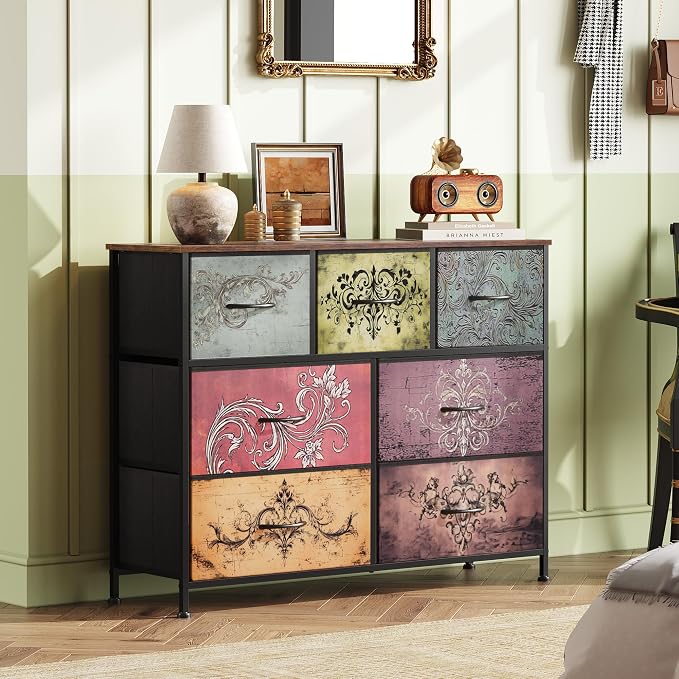 WLIVE Dresser for Bedroom, 7 Drawers, TV Stand, Pattern | 7 roomy fabric drawers, Fits TVs up to 45 inch, Bedroom or living room, Wide storage design, Chest of drawers