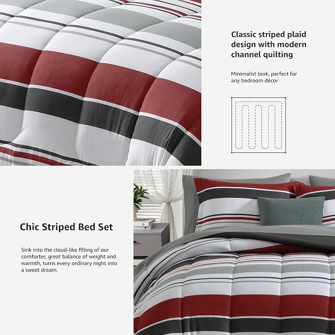 Monbix Full Size Comforter Sets - 7 Pieces Bed in a Bag Full Bedding Set | Red and Black Striped Reversible Soft All Season Comforter Bed Set with Sheets, Pillowcases & Shams