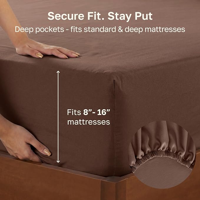 California Design Den Soft 100% Cotton Sateen Fitted Sheet Full | 400 Thread Count Backed by Good Housekeeping Seal, 16" Deep Pocket, All-Around Elastic, No-Pop Fit - Espresso Chocolate Brown