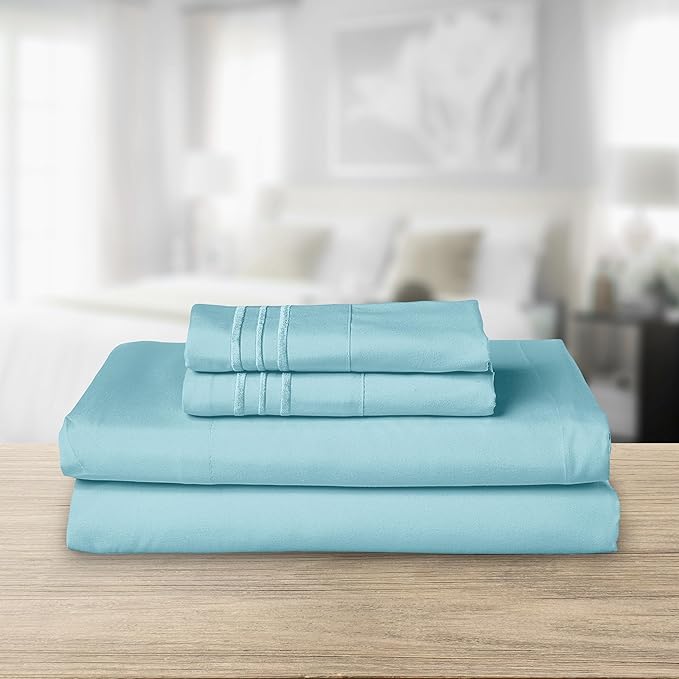 Elegant Comfort Luxurious 1500 Premium Hotel Quality Microfiber Three Line Embroidered Softest 4-Piece Bed Sheet Set, Wrinkle and Fade Resistant, Queen, Aqua Blue