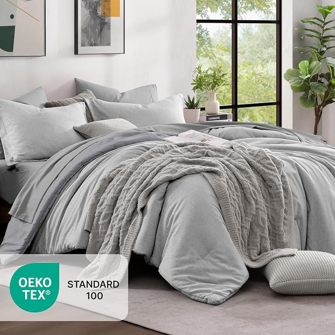Monbix Queen Comforter Set 7 Pieces Light Grey Cationic Dyeing Bed in a Bag | Lightweight Reversible All Season Bedding Sets with Comforter, Sheets, Pillowcases & Shams