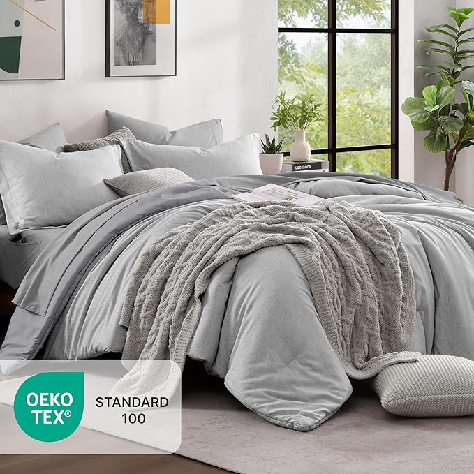 Monbix Full Comforter Set 7 Pieces Light Grey Cationic Dyeing Bed in a Bag | Lightweight Reversible All Season Bedding Sets with Comforter, Sheets, Pillowcases & Shams