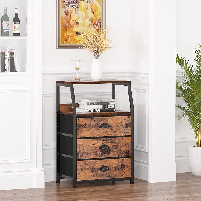 Furnulem Nightstand with 3 Fabric Drawers, Small Bedroom Storage Cabinet | Rustic Brown Dorm Night Stand, Small Dresser Organizer Storage Tower for Closet,Living Room, Bedside Table with Metal Frame