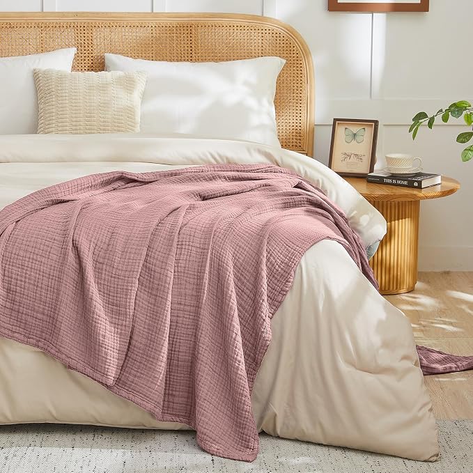 EMME Muslin Blankets for Adults Throw Blanket for Couch Breathable Gauze Soft Lightweight Airy Dusty Pink Super King 120" x 94"