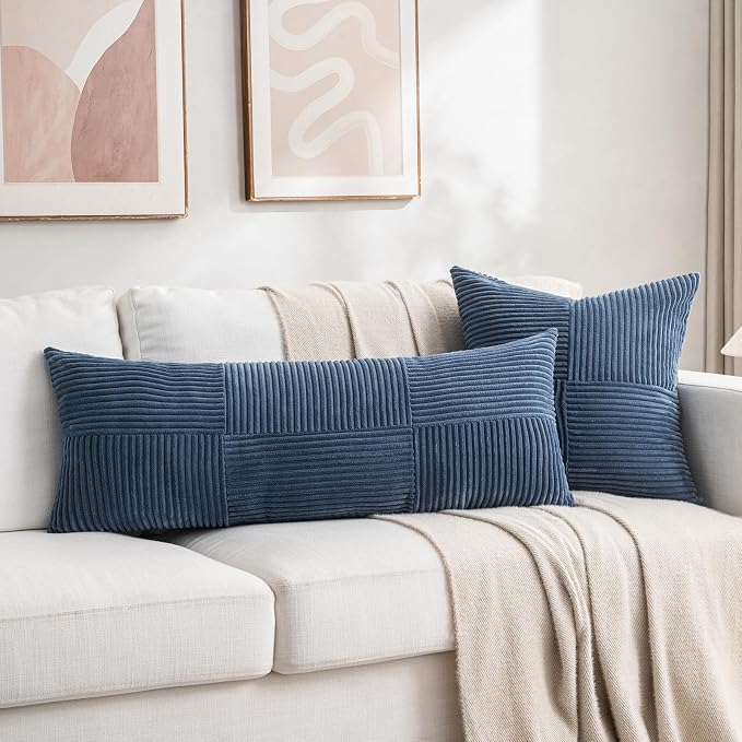 Fancy Homi Set of 2 Dusty Blue Boho Long Lumbar Body Decorative Throw Pillow Cover 14x36 Inch for Bed Couch Bedroom Bench, Soft Patchwork Corduroy Textured Pillow Case, Rustic Farmhouse Room Décor