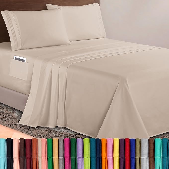 Elegant Comfort Luxurious 1500 Premium Hotel Quality Microfiber 4-Piece Sheet Set, 18-24 Inches Deep - Extra Deep Pocket Sheets - Ultra Soft 4PC Deep Pocket Sheets, Queen, Cream