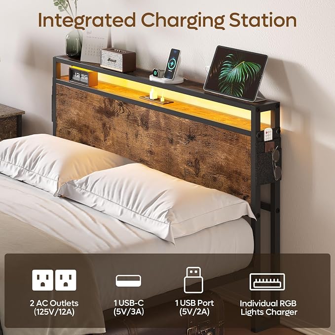 Bestier Queen Size Bed Frame with Headboard, Dual LED Platform Bed Frame with Charging Station, Non-Slip Metal Bed Frame, Noise-Free, Easy Assembly