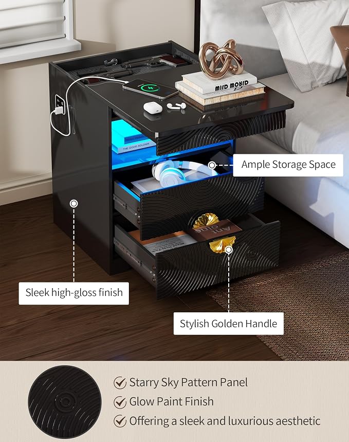 FREDEES LED Nightstand Set 2 with Gun Drawer & Charging Station | 3-Color Lights & Human Body Sensor, Smart Charger Station, 2 DrawersHidden Storage, End Table Bedroom Livingroom