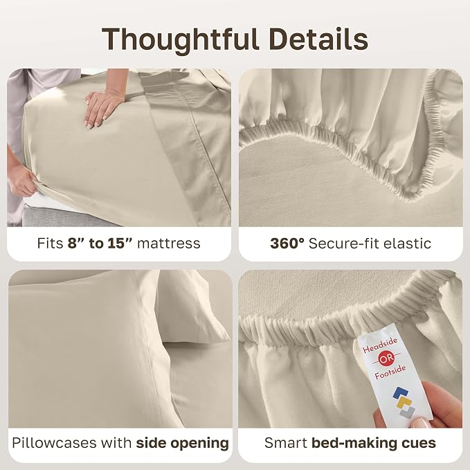 California Design Den 600 Thread Count Split King Bed Sheets, 5 Pcs, Beige | 100% Cotton Sateen, Good Housekeeping Seal, Split King Sheets Sets for Adjustable Bed with 2 Separate Twin-XL Mattresses