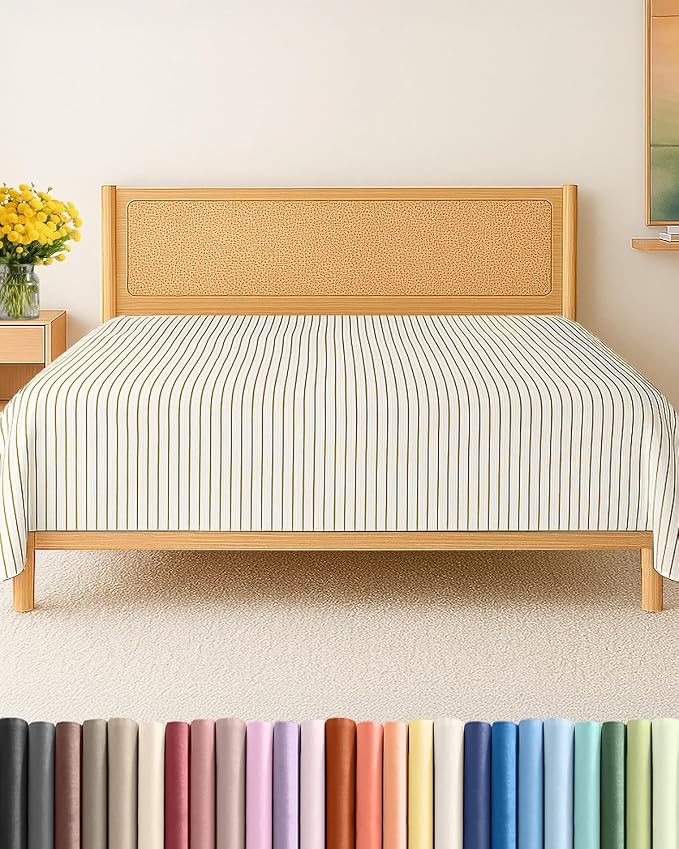 Cal King Flat Sheet - Single Top Flat Sheet Only - Cooling - Beige Stripes | Hotel Luxury Top Flat Sheet Only, Ultra-Soft, Breathable & Cooling, Fade & Wrinkle Free, Easy-Care, Stain & Shrink Resistant