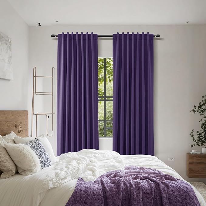 100% Blackout Curtains 84 Inch Length 2 Panels Set for Living Room Bedroom Back Tab Thermal Insulated Black Out Linen Drapes Room Darkening New Purple,52x84