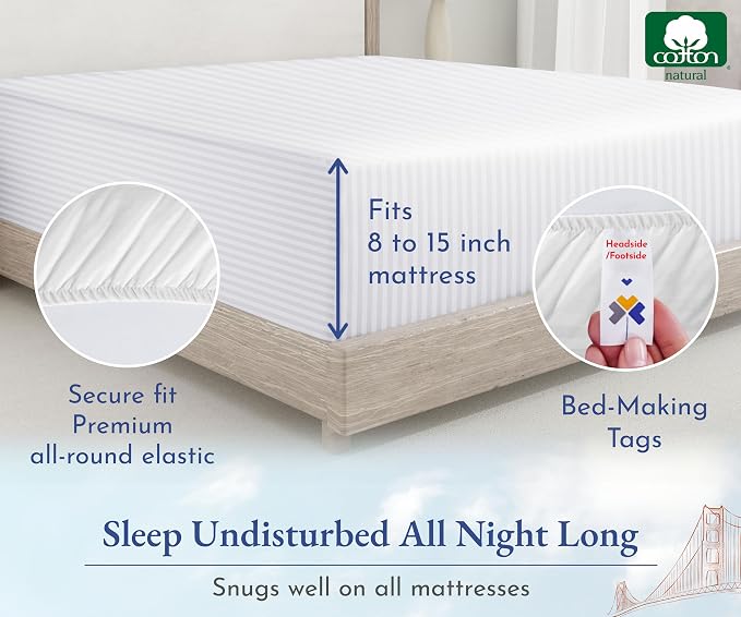 California Design Den Soft 100% Cotton Sateen Extra Long Twin Fitted Sheet | 400 Thread Count Backed by Good Housekeeping Seal, All-Around Elastic, No-Pop Fit, Durable, OEKO-TEX - Striped White