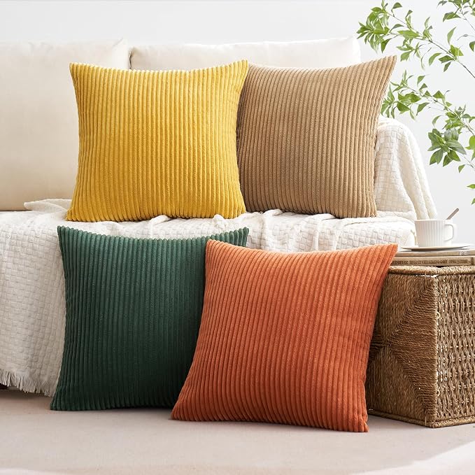 MIULEE Fall Corduroy Decorative Throw Pillow Covers Green-Rust 18x18 | Set of 4, Vintage Retro Fall Decor, Earthy Yellow Tones, Vibrant Cushion Covers for Sofa Couch Bed Living Room
