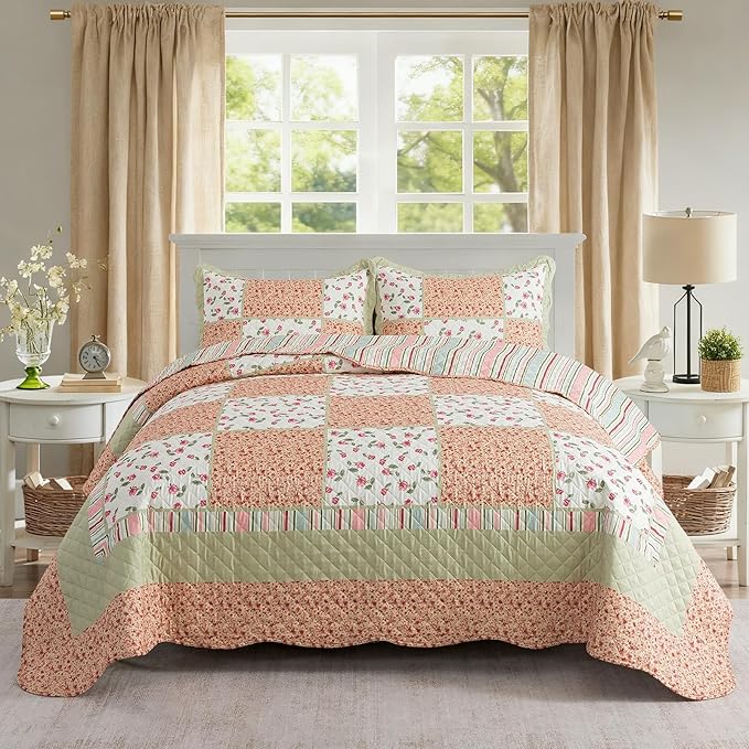 Quilt Set King Size, Bedspread Sets Warm Orange Floral, Reversible Quilt Bedding Set Lightweight and Breathable for All Seasons, Soft Quilted Bedspread with 2 Pillow Shams