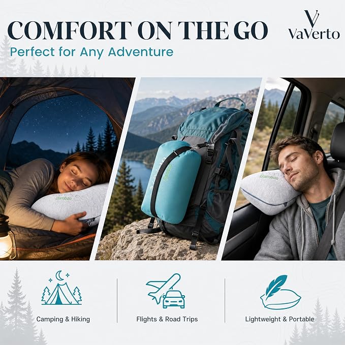 Camping Pillow - Backpacking Memory Foam Travel Pillow 1-Pack | Medium firm memory foam pillow - breathable, machine washable cover - Ideal lightweight small pillow - backpacking & outdoors