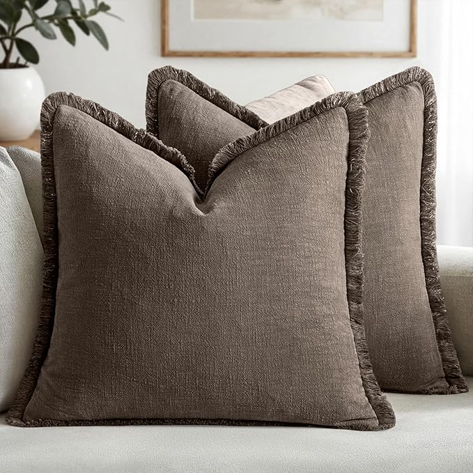 MIULEE Linen Fringe Decorative Fall Euro Throw Pillow Covers Coffee 22x22 | Set of 2, Cottagecore Decor, Boho Farmhouse Neutral Pillow Covers, Rustic Fall Couch Cushion Cases for Sofa Bed Living Room