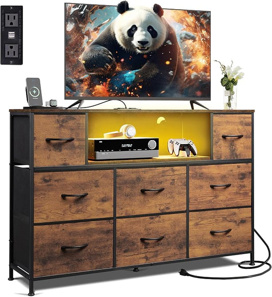 WLIVE LED Dresser TV Stand for 55 Inch TV, 8 Drawers, Rustic Brown | Fits TVs up to 55 inch, 8 fabric drawers, LED chest of drawers, Built-in power outlet, Living room or bedroom
