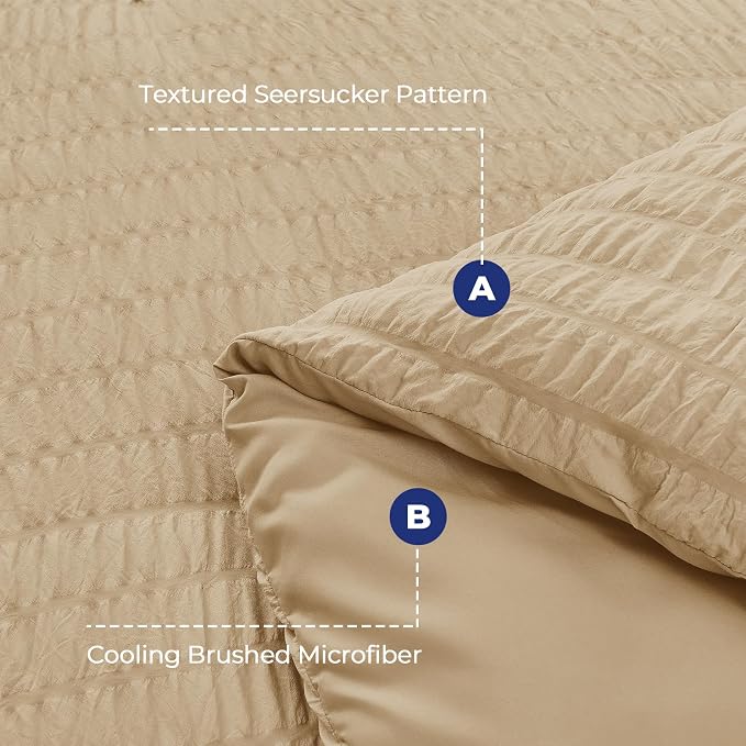 HYMOKEGE Khaki Duvet Cover Full Size, Ultra Soft 3-Piece Seersucker Duvet Cover Set with Zipper Closure, Soft Brushed Microfiber Bedding Set with 8 Corner Ties (80"x90", 2 Pillowshams)