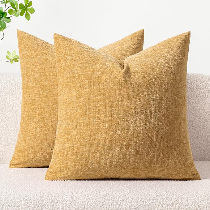 MIULEE Soft Chenille Throw Pillow Covers Beige Yellow 20x20 Inch Pack of 2 | Modern Home Decor, Classic Decorative Pillows, Solid Dyed Cases, Boho Couch Cushion Covers for Sofa Bed Living Room