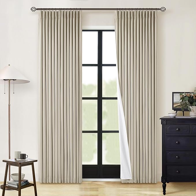 Burlywood Birch 100% Blackout Pinch Pleated Linen Curtains 84 Inches Long | Insulated Thermal, 2 Layer Drapes for Full Blackout, for Bedroom Living Room, Taupe Pinch Pleat Curtains with Hooks Rings