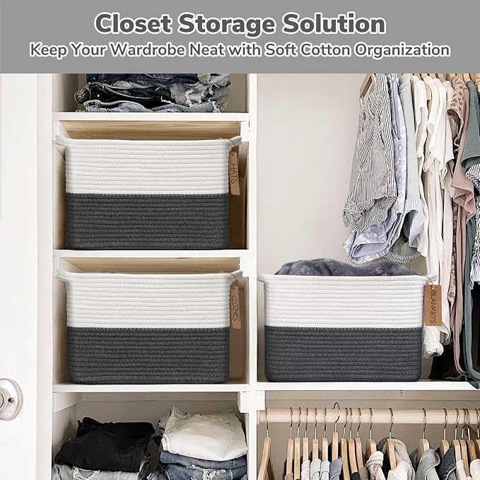 Goodpick Woven Rope Storage Basket for Shelves, Rectangle, Dark Gray | 13" × 10" × 9" Stylish Gift Basket for Home Decor, Cotton Rope Baskets for Baby Toys, Books & Towels Storage, Writable Label