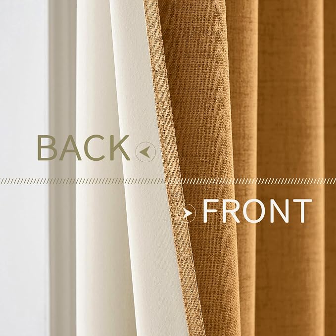 MIULEE 100% Blackout Linen Curtains for Bedroom 52x63 Inches Mustard Yellow | Room Darkening, Light Blocking, Thermal Insulated, Grommet Top, Linen Textured, Window Curtains for Living Room, 2 Panels