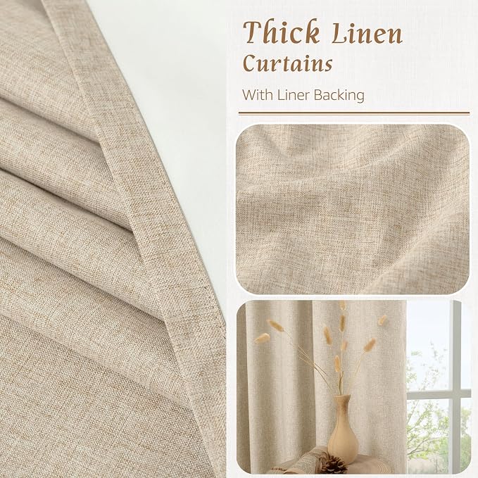 72 Inches 100% Blackout Natural Linen Curtains for Living Room, Linen | Thermal Bedroom Curtains, Privacy, Room Darkening Drapes, Rod Pocket Back Tab, with White Liner, 2 Panels, 52 x 72 Inch