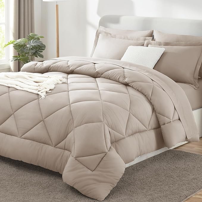 King Size Comforter Set Linen - 7 Pieces Complete Bedding Set | OEKO-TEX Certified, All Season, 240GSM Down-Alternative Comforter, Sheets, Pillowcases & Shams, 14" Deep Pocket, Easy Care
