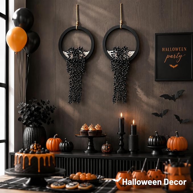 Der Rose 2 Pack Black Artificial Hanging Plants for Gothic Halloween Decor | Strongly festive atmosphere of Halloween，black hanging fake succulents，suitable for black wall decor，party decorations